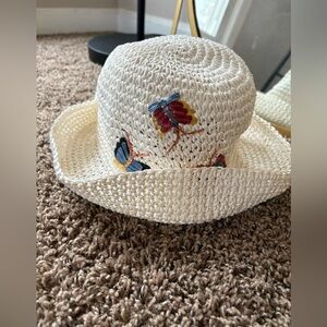 VTG The Scala Collection Raffia White Straw Hat Butterfly Floppy Bucket Y2K